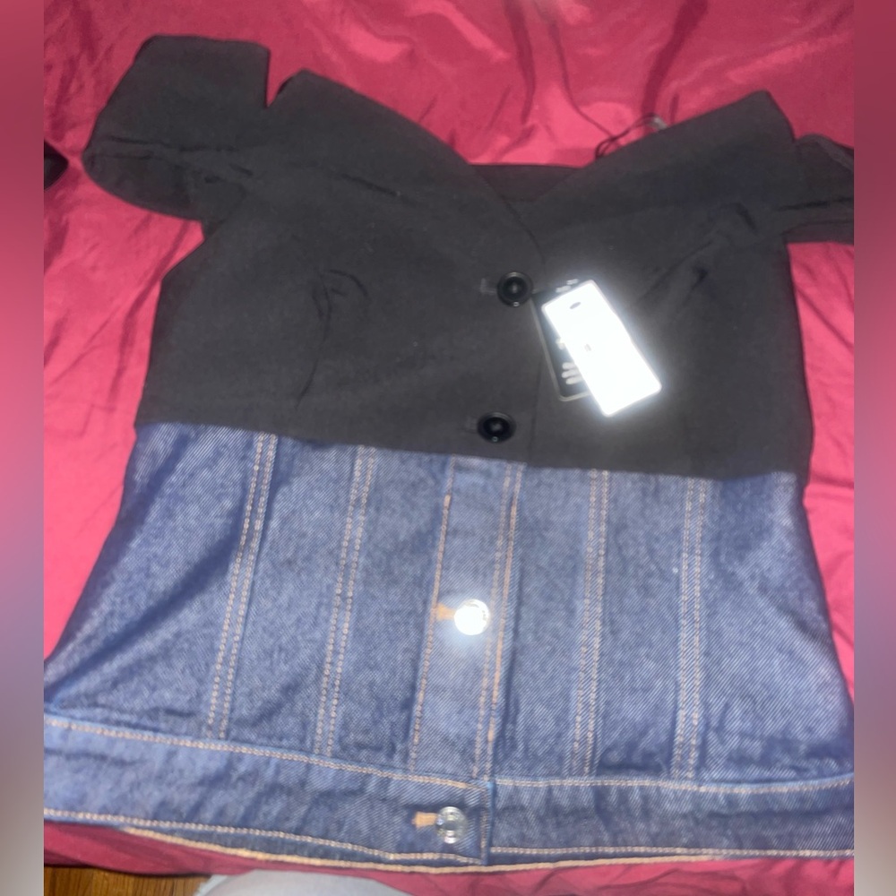 Express Denim Twill Off The Shoulder Faux Button Front Corset Top - Picture 7 of 15